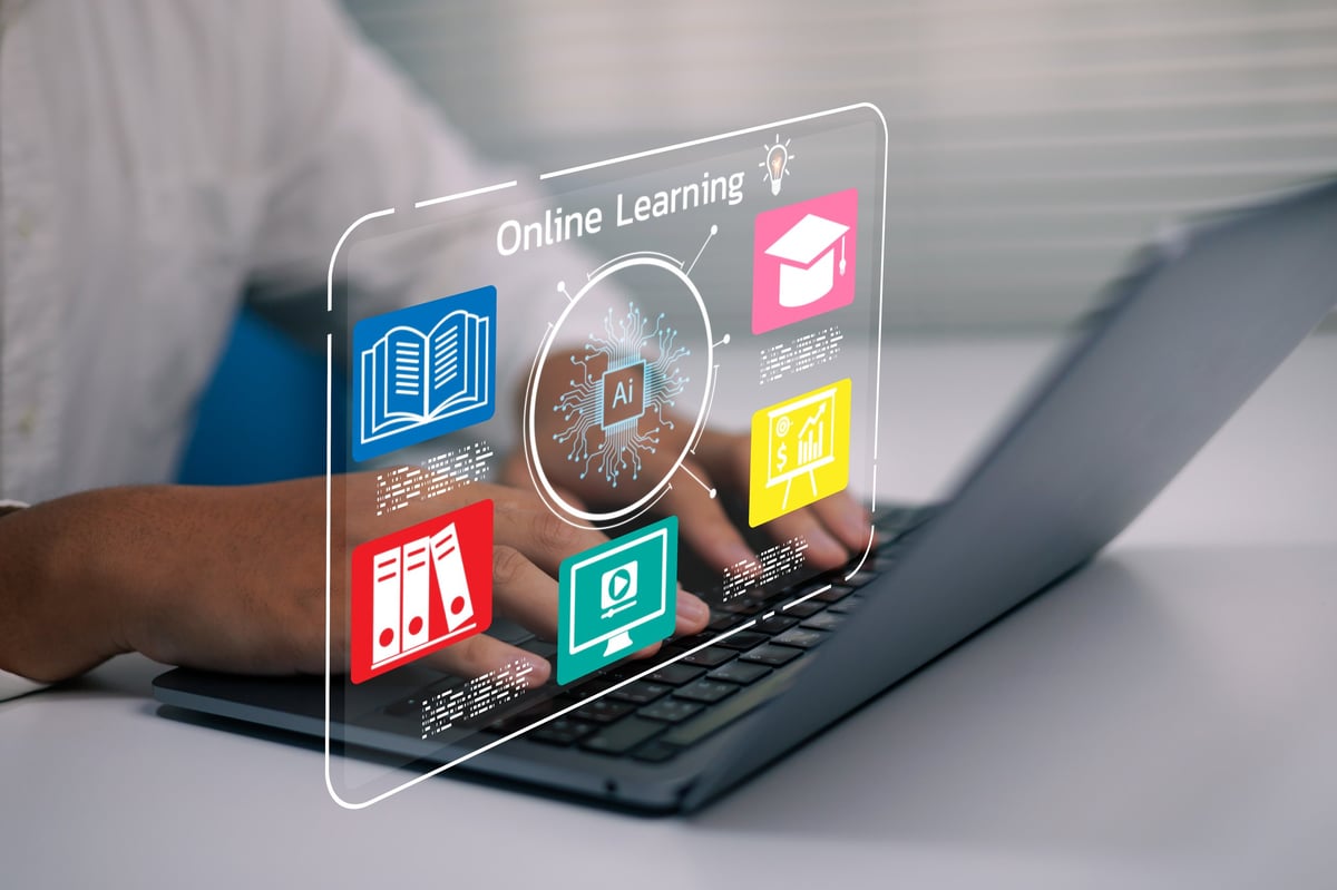 AI-powered online learning platform, Man study with digital education dashboard on laptop, featuring e-learning virtual classroom, smart training, remote study, modern education technology concepts